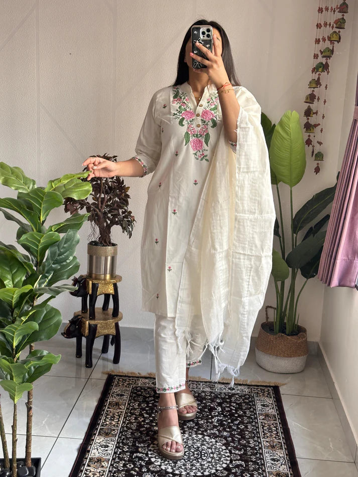 Dixz Fashion New Designer White Kurti Pant Dupatta Set