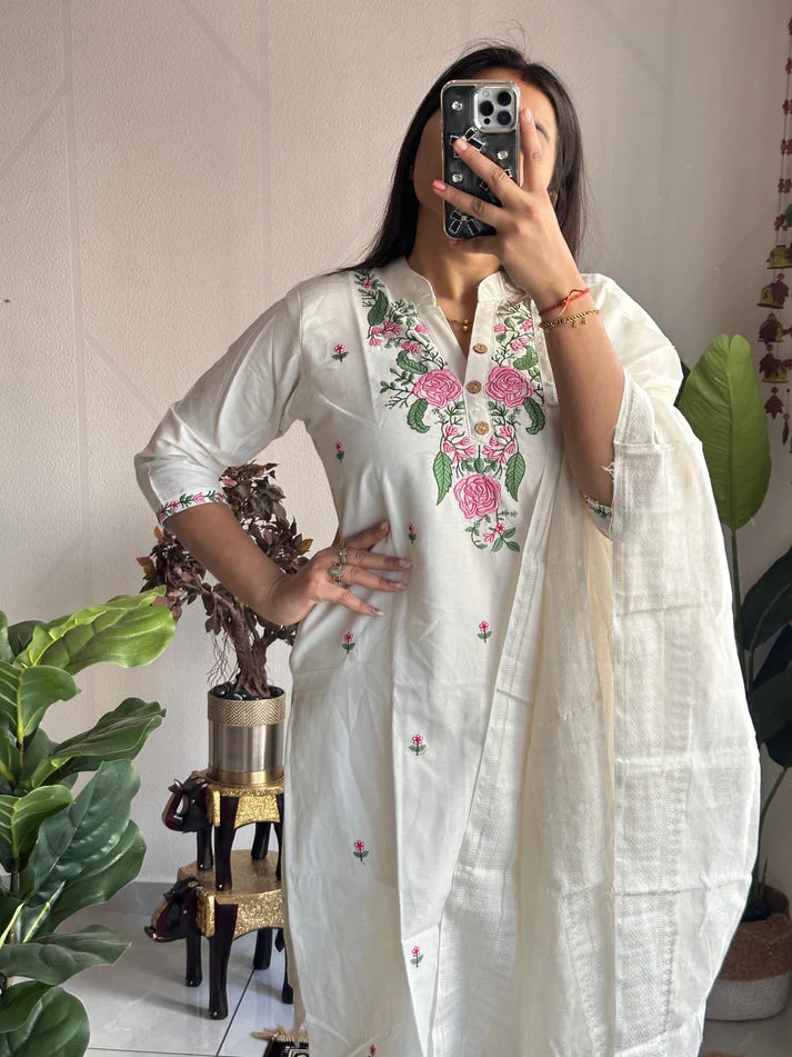 Dixz Fashion New Designer White Kurti Pant Dupatta Set