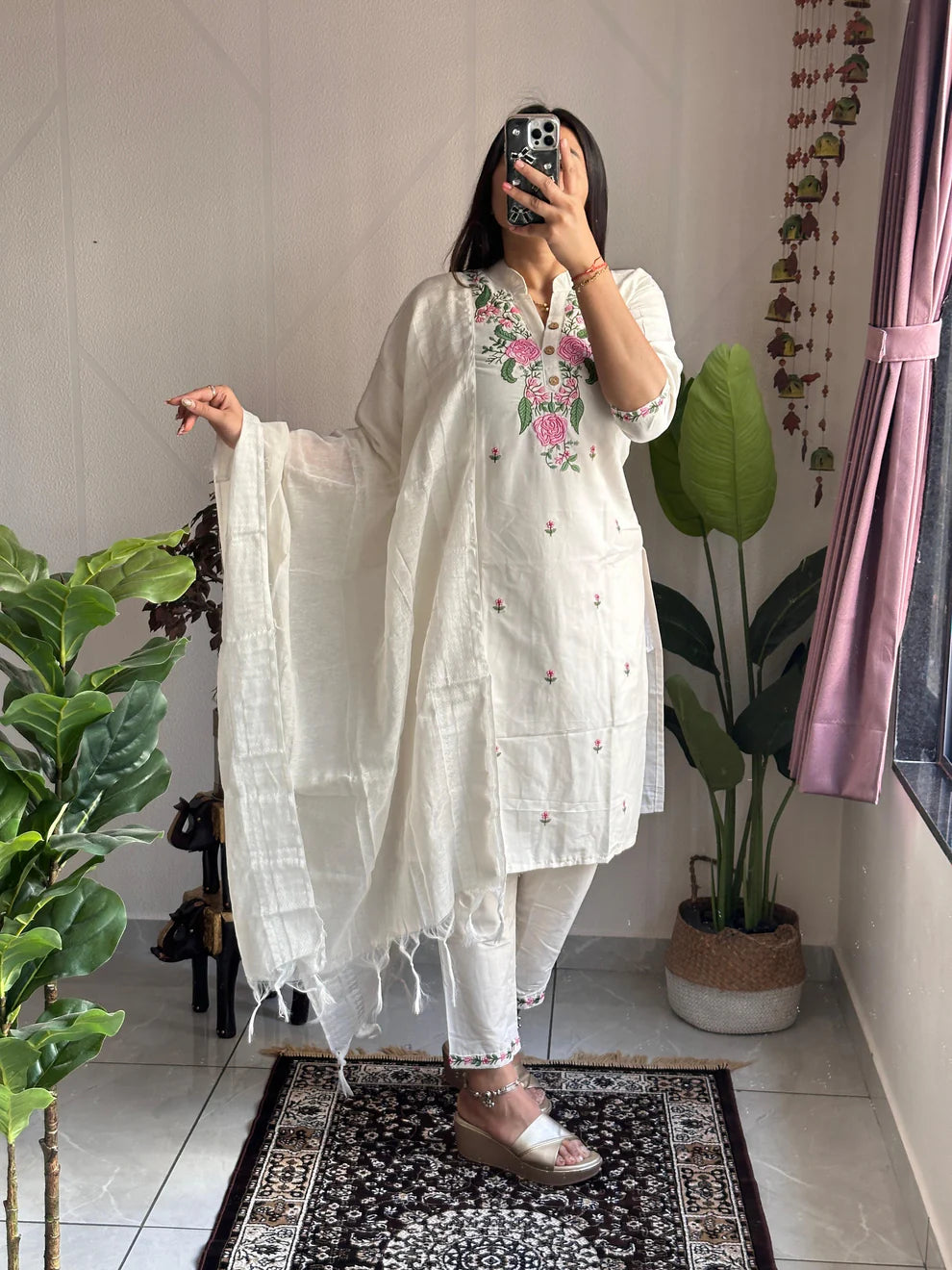 Dixz Fashion New Designer White Kurti Pant Dupatta Set