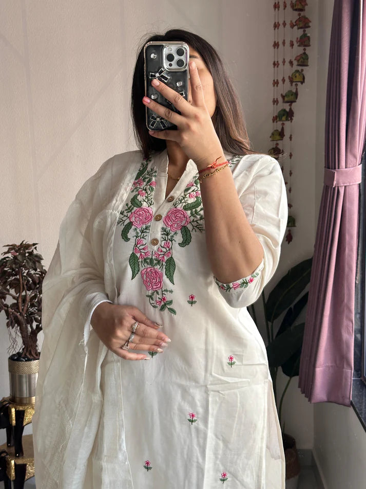 Dixz Fashion New Designer White Kurti Pant Dupatta Set