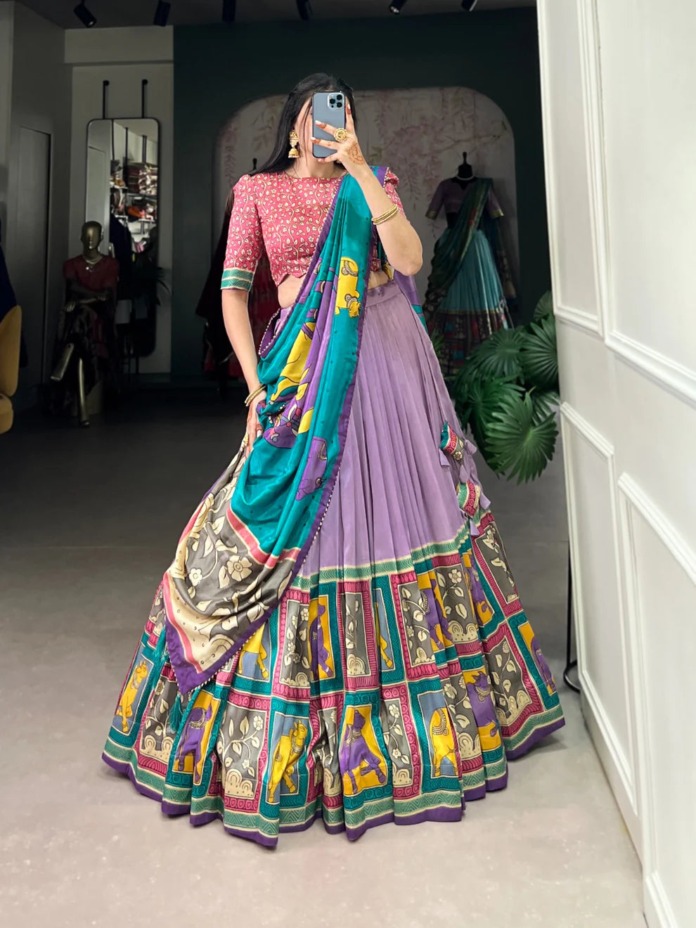 DIXZ FASHION KALAMKARI TUSSAR SILK LEHENGA CHOLI WITH DUPATTA