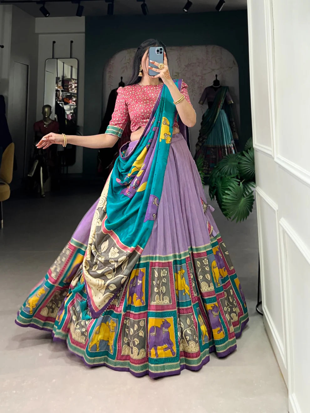DIXZ FASHION KALAMKARI TUSSAR SILK LEHENGA CHOLI WITH DUPATTA