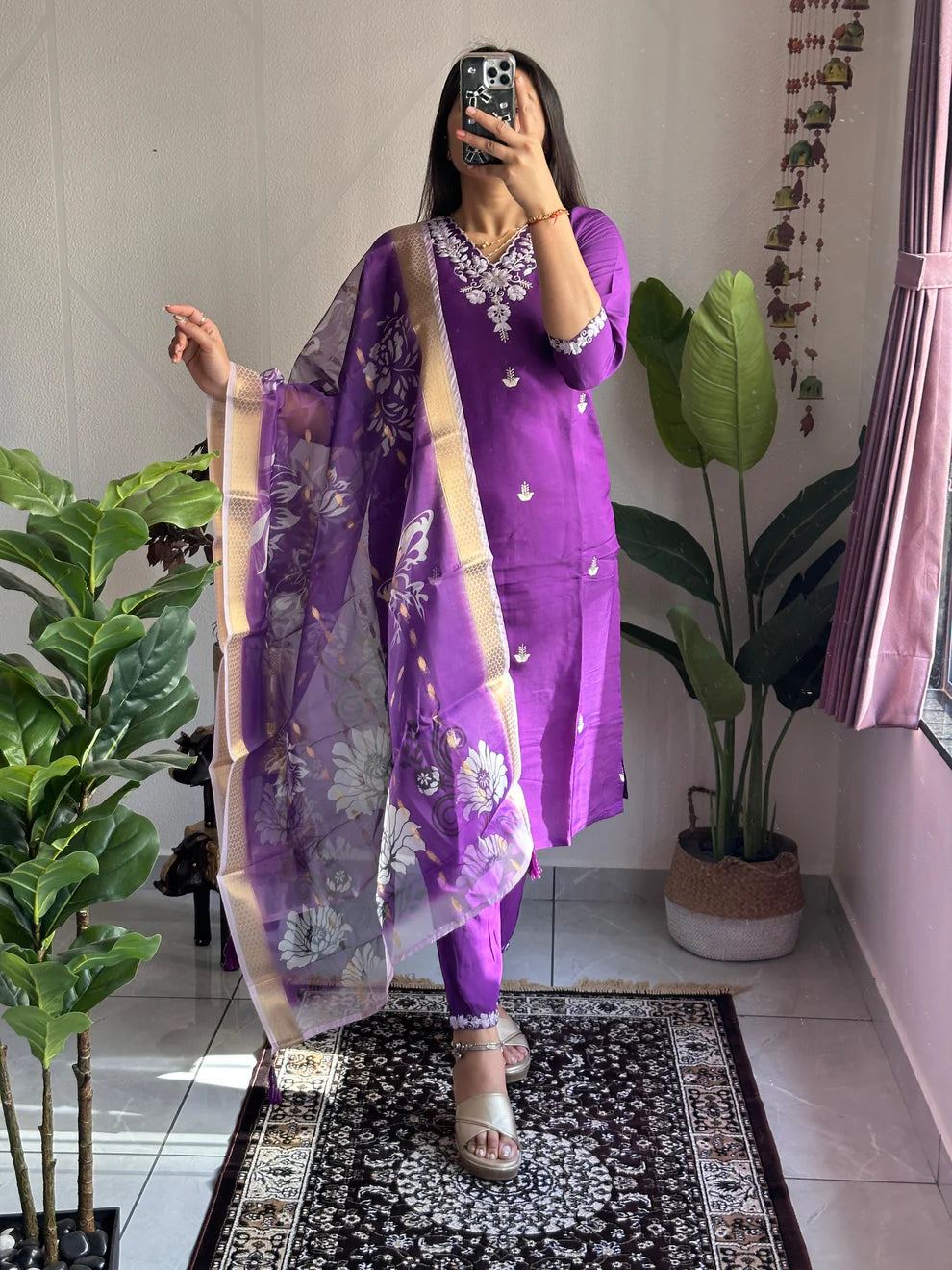 Dixz Fashion Elegant Purple Roman Silk Kurti Set with Organza Jacquard Dupatta