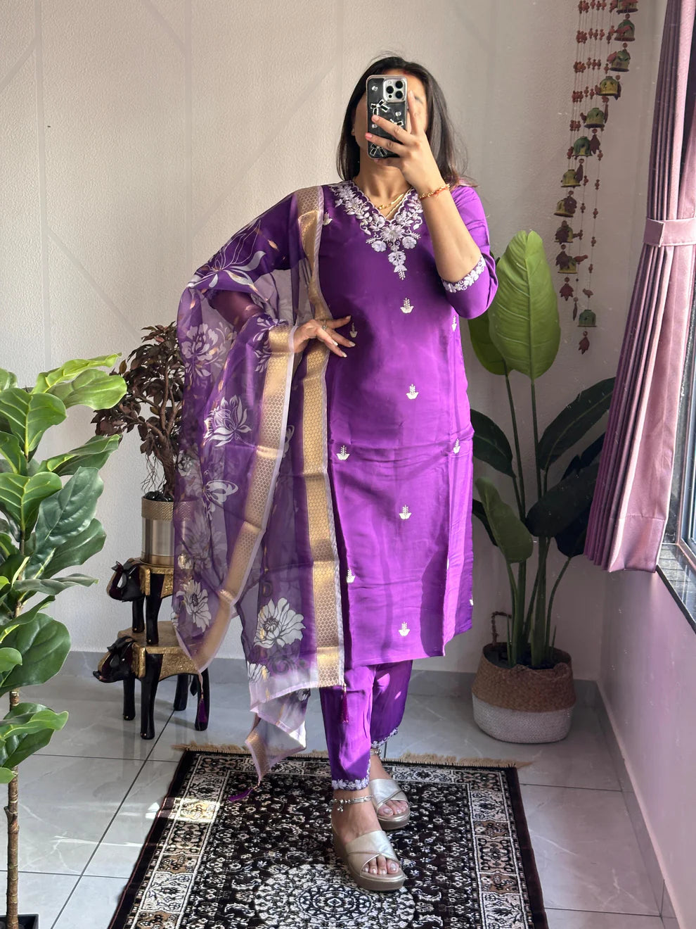 Dixz Fashion Elegant Purple Roman Silk Kurti Set with Organza Jacquard Dupatta