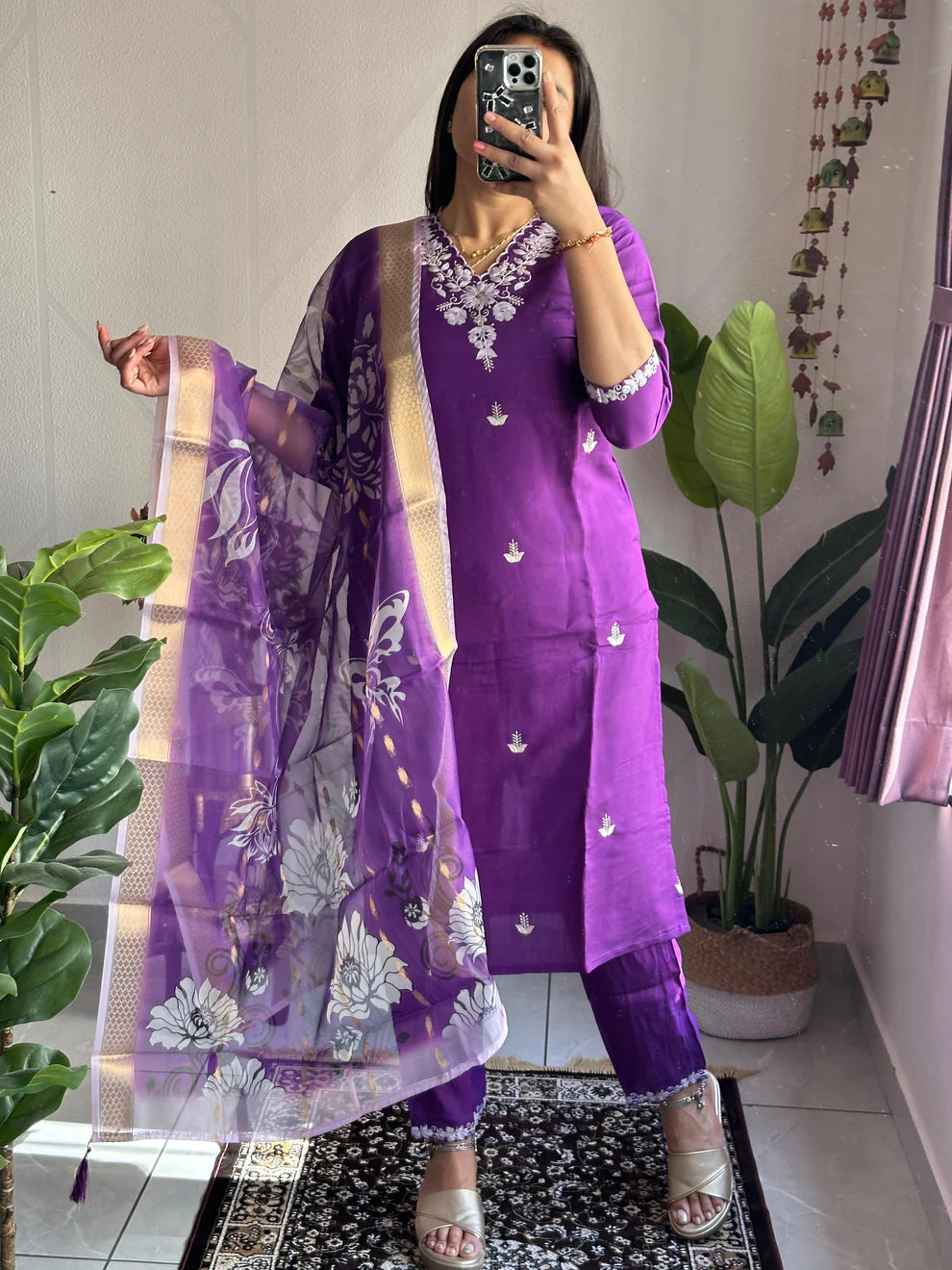 Dixz Fashion Elegant Purple Roman Silk Kurti Set with Organza Jacquard Dupatta