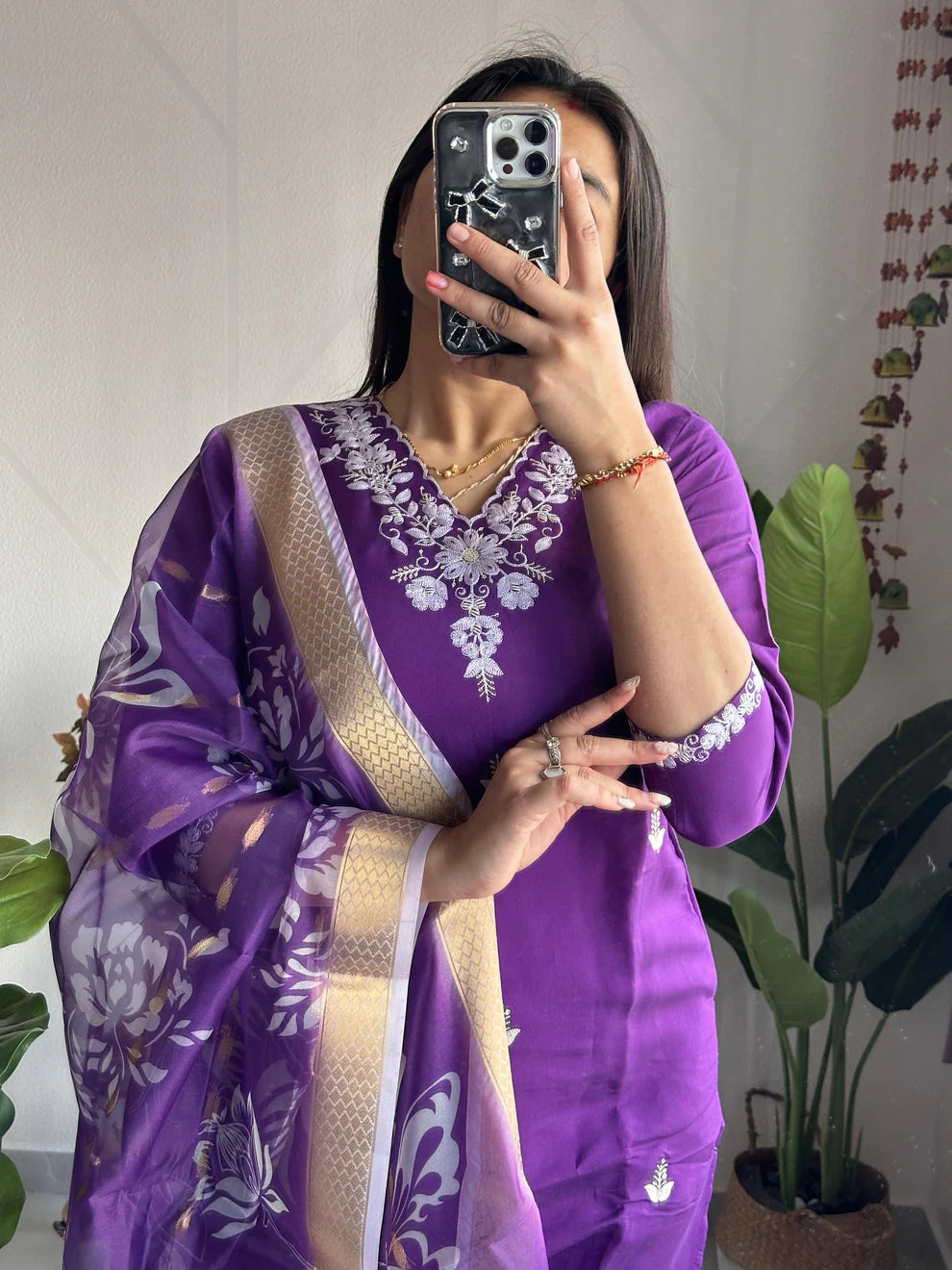 Dixz Fashion Elegant Purple Roman Silk Kurti Set with Organza Jacquard Dupatta