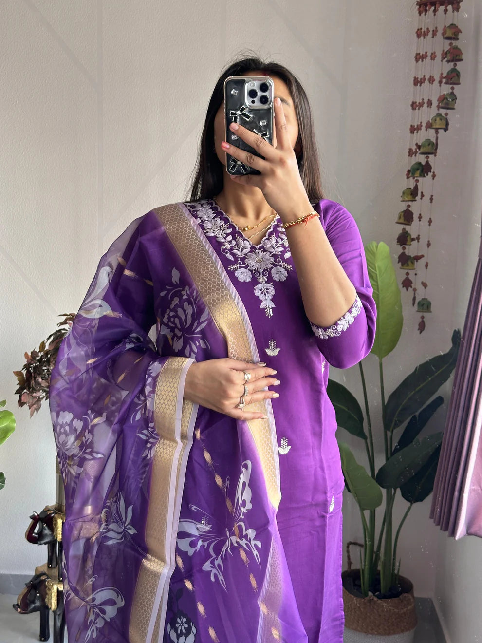 Dixz Fashion Elegant Purple Roman Silk Kurti Set with Organza Jacquard Dupatta