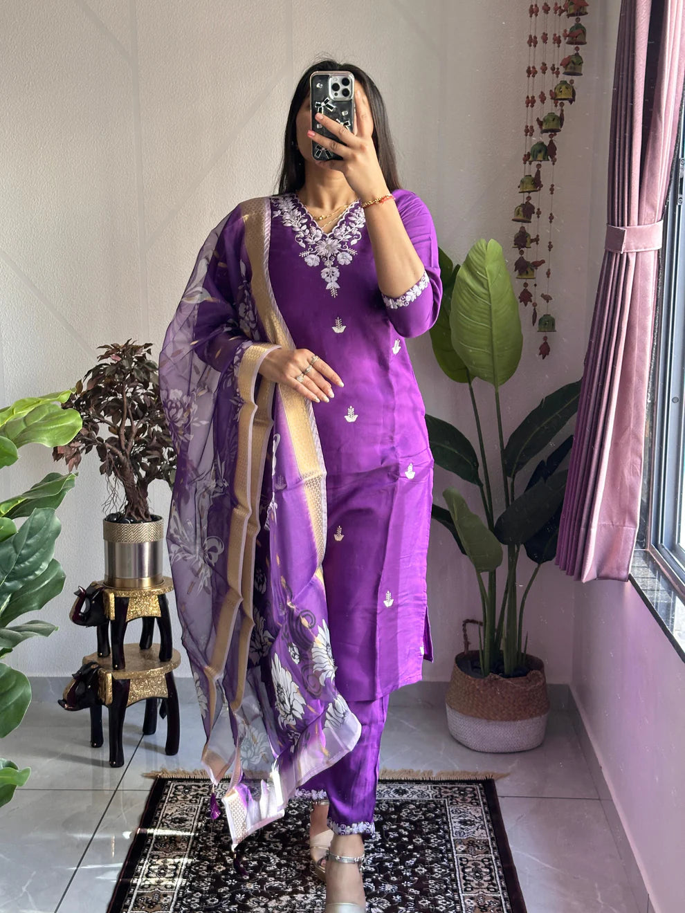 Dixz Fashion Elegant Purple Roman Silk Kurti Set with Organza Jacquard Dupatta