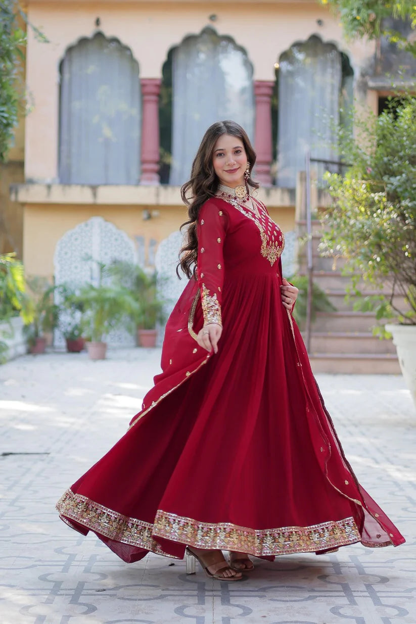 Dixz Fashion Designer Faux Blooming Georgette Gown with Sequins Embroidery & Lace Dupatta