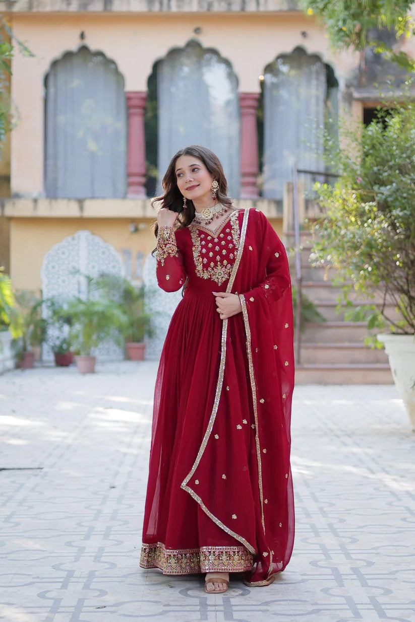 Dixz Fashion Designer Faux Blooming Georgette Gown with Sequins Embroidery & Lace Dupatta
