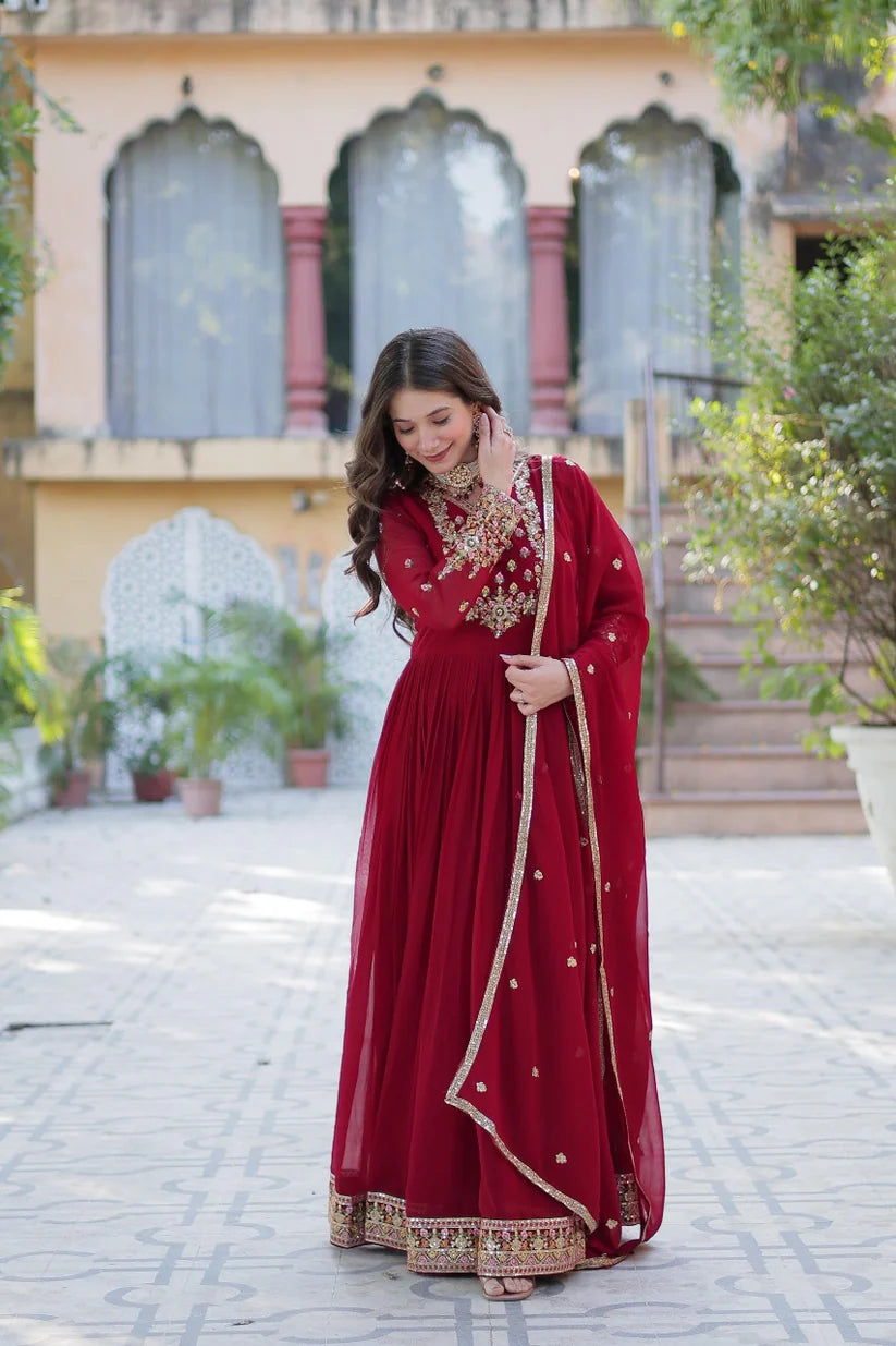 Dixz Fashion Designer Faux Blooming Georgette Gown with Sequins Embroidery & Lace Dupatta