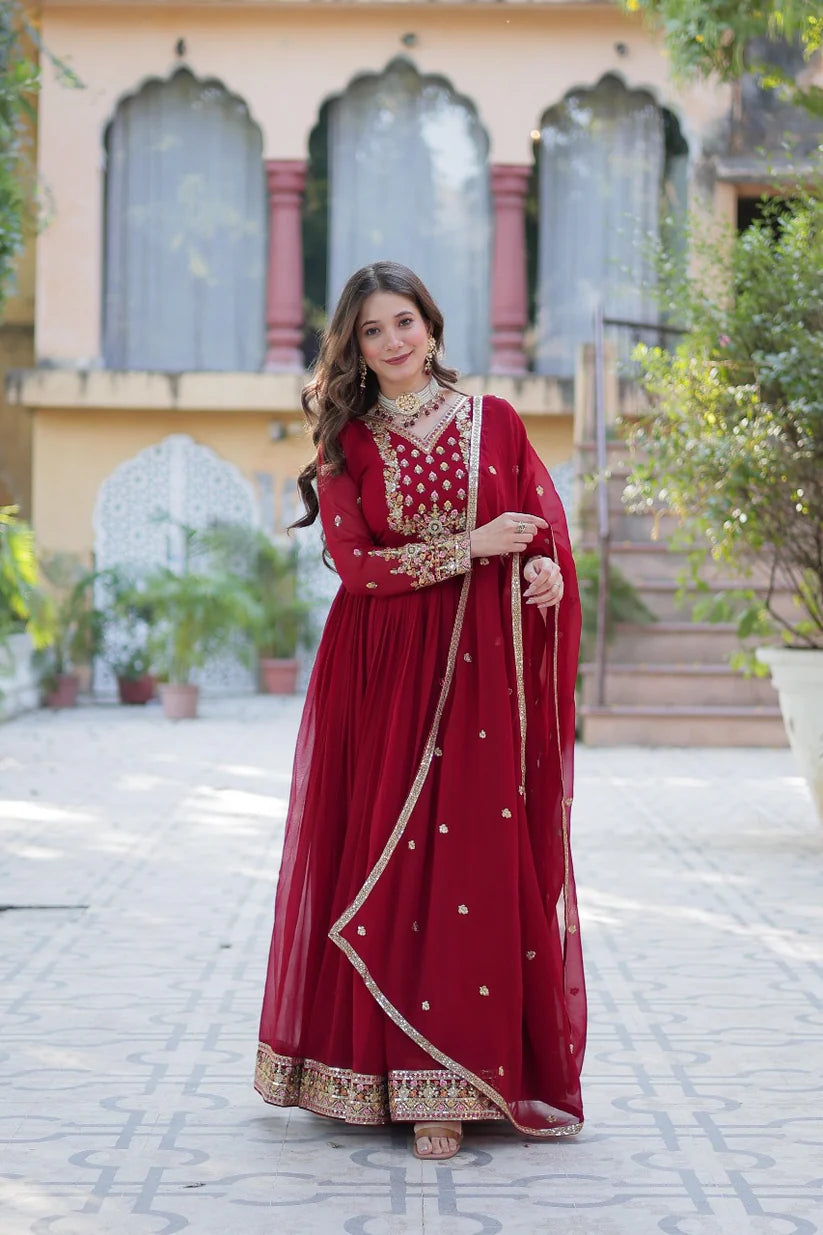 Dixz Fashion Designer Faux Blooming Georgette Gown with Sequins Embroidery & Lace Dupatta