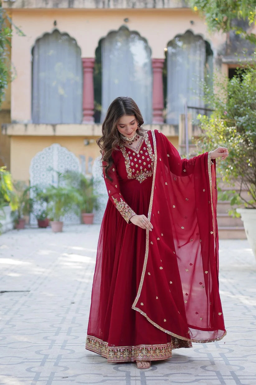 Dixz Fashion Designer Faux Blooming Georgette Gown with Sequins Embroidery & Lace Dupatta