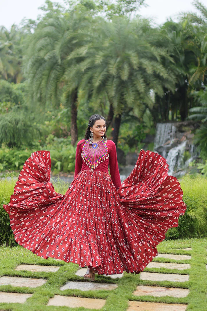 Dixz Fashion Designer Printed Gown Made from Heavy Printed Cotton with Kutchi Gamthi and Kodi Work..