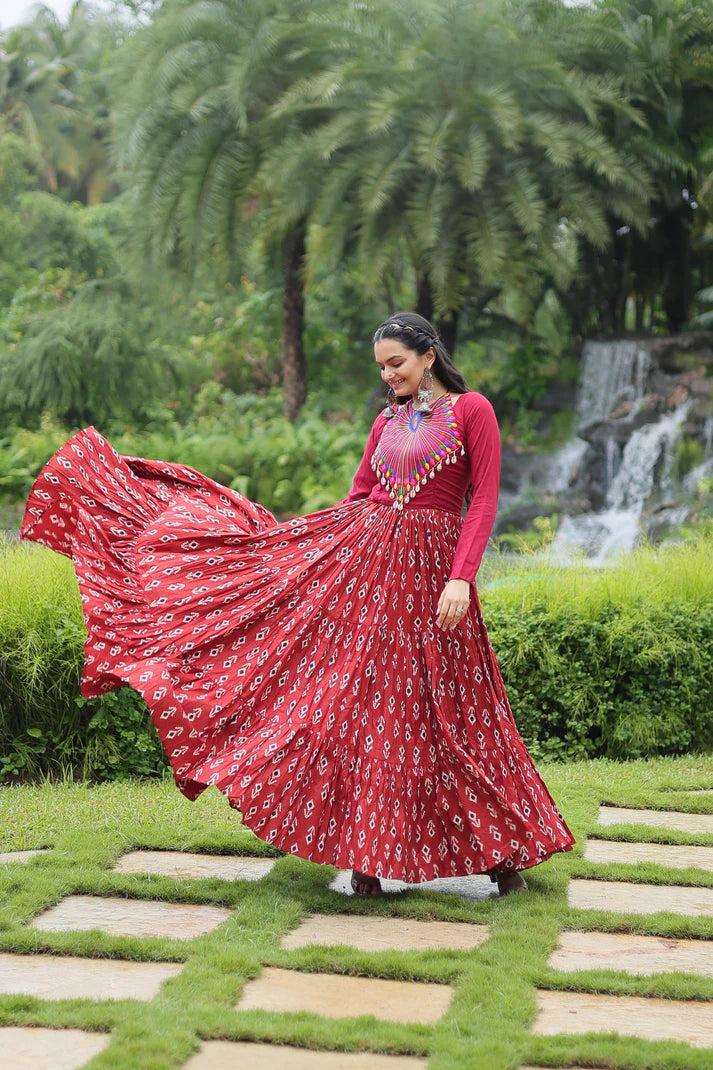 Dixz Fashion Designer Printed Gown Made from Heavy Printed Cotton with Kutchi Gamthi and Kodi Work..