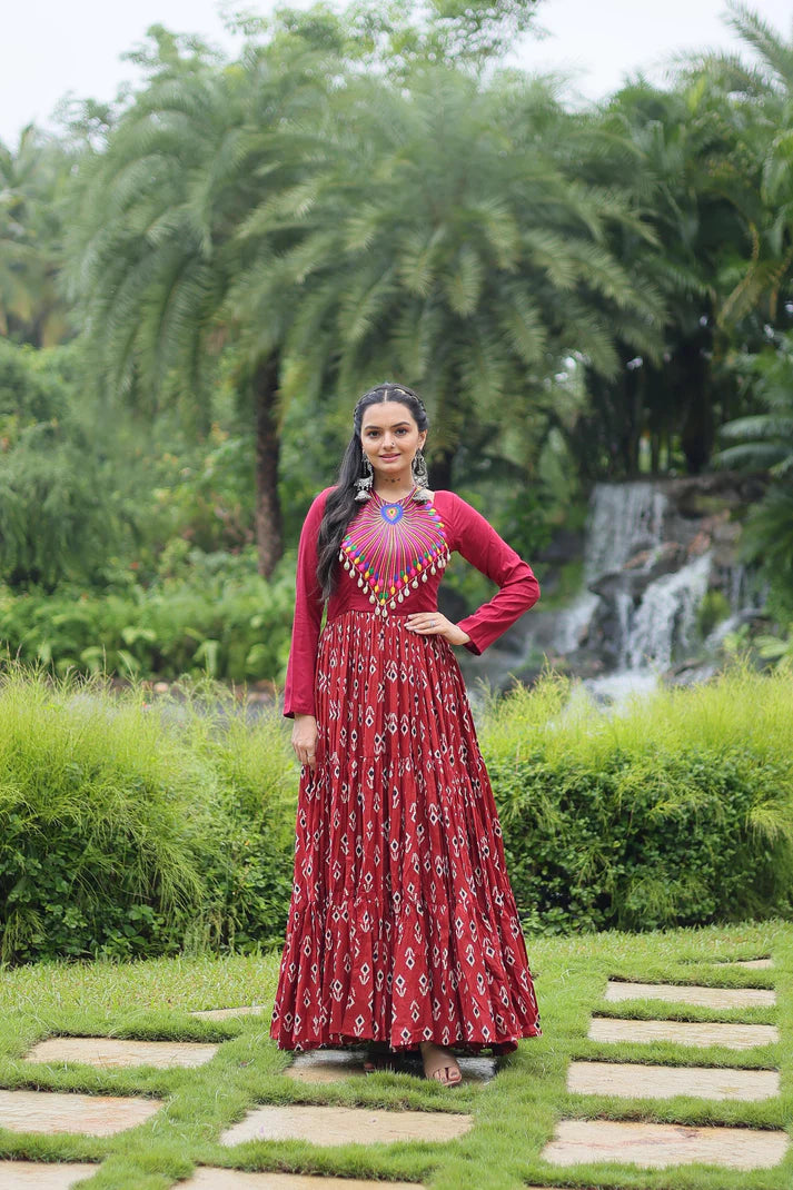 Dixz Fashion Designer Printed Gown Made from Heavy Printed Cotton with Kutchi Gamthi and Kodi Work..