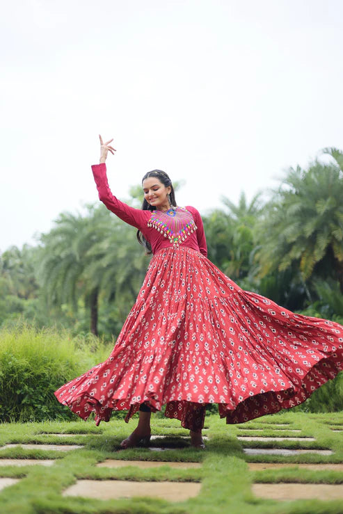 Dixz Fashion Designer Printed Gown Made from Heavy Printed Cotton with Kutchi Gamthi and Kodi Work..