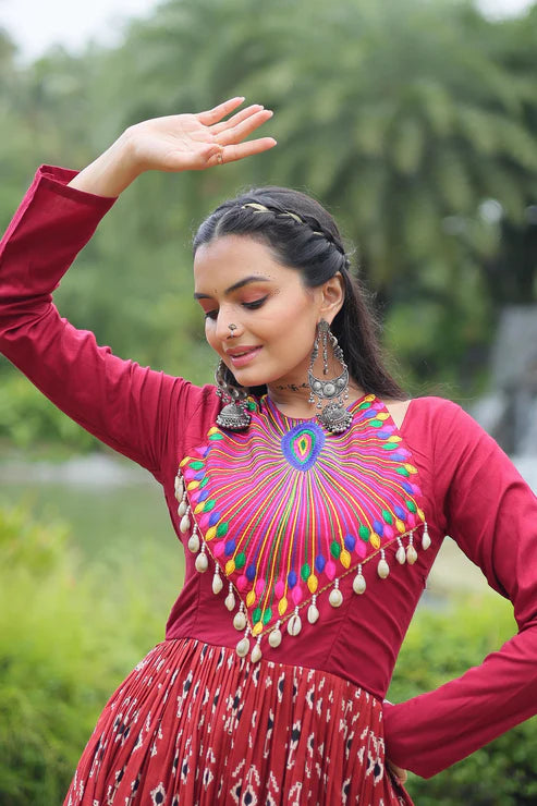 Dixz Fashion Designer Printed Gown Made from Heavy Printed Cotton with Kutchi Gamthi and Kodi Work..