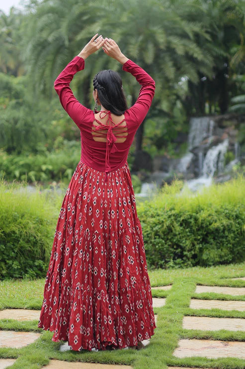 Dixz Fashion Designer Printed Gown Made from Heavy Printed Cotton with Kutchi Gamthi and Kodi Work..