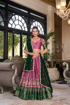 Dixz Fashion Women's Kanchipuram Printed Lehenga Set with Zari Weaving Work & Embroidered Georgette Dupatta
