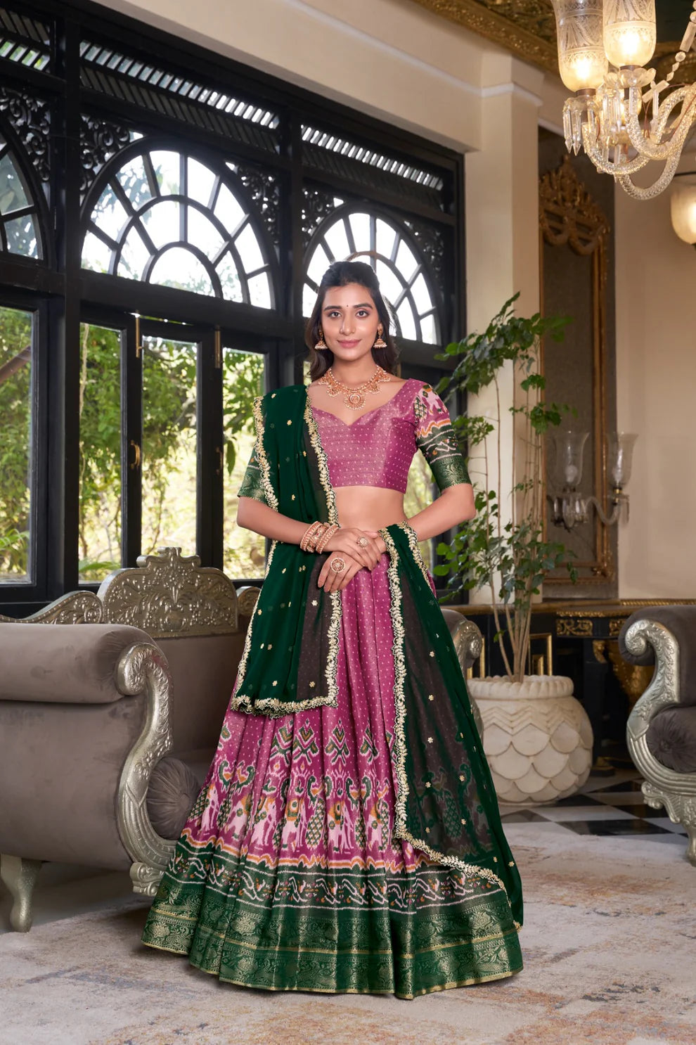 Dixz Fashion Women's Kanchipuram Printed Lehenga Set with Zari Weaving Work & Embroidered Georgette Dupatta