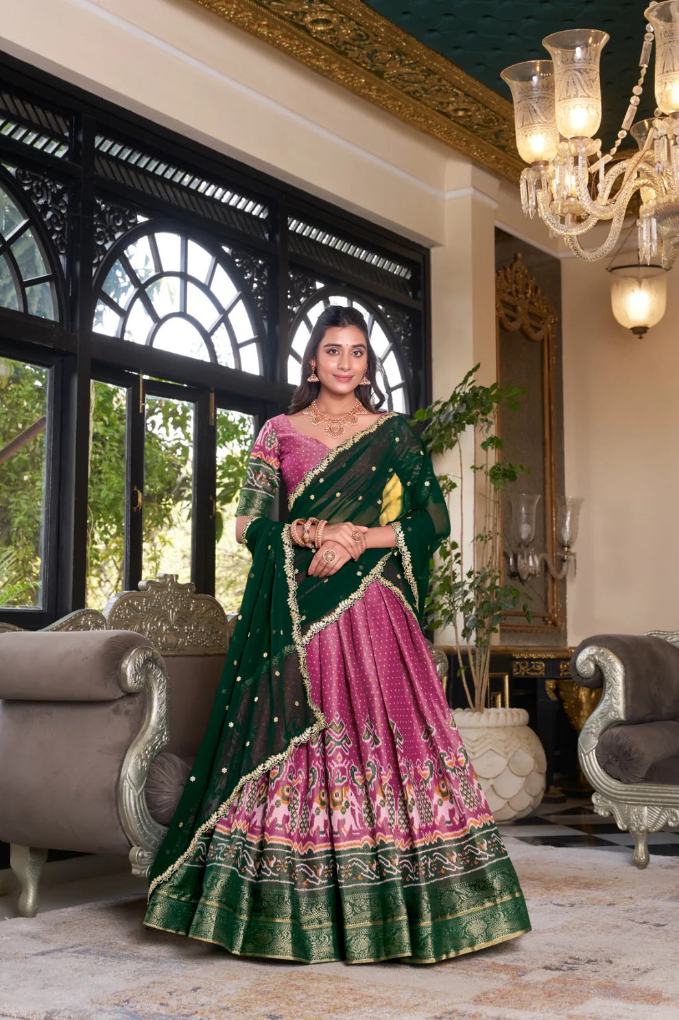 Dixz Fashion Women's Kanchipuram Printed Lehenga Set with Zari Weaving Work & Embroidered Georgette Dupatta