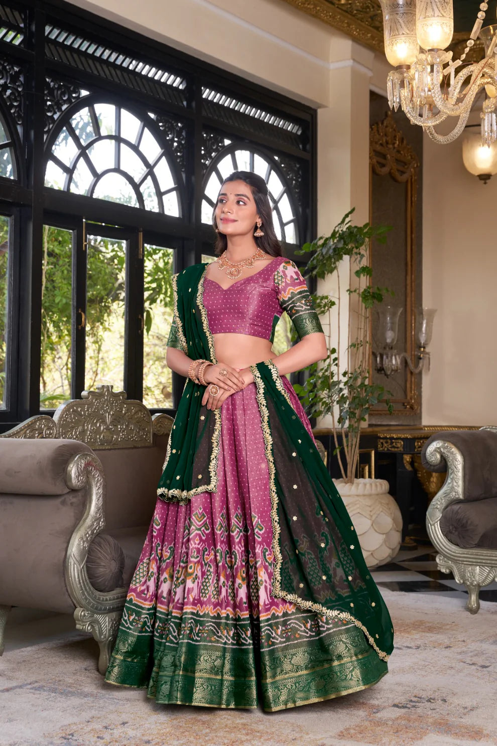 Dixz Fashion Women's Kanchipuram Printed Lehenga Set with Zari Weaving Work & Embroidered Georgette Dupatta