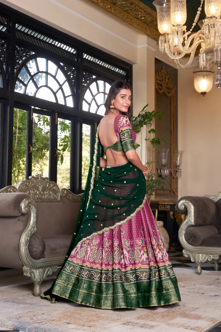 Dixz Fashion Women's Kanchipuram Printed Lehenga Set with Zari Weaving Work & Embroidered Georgette Dupatta