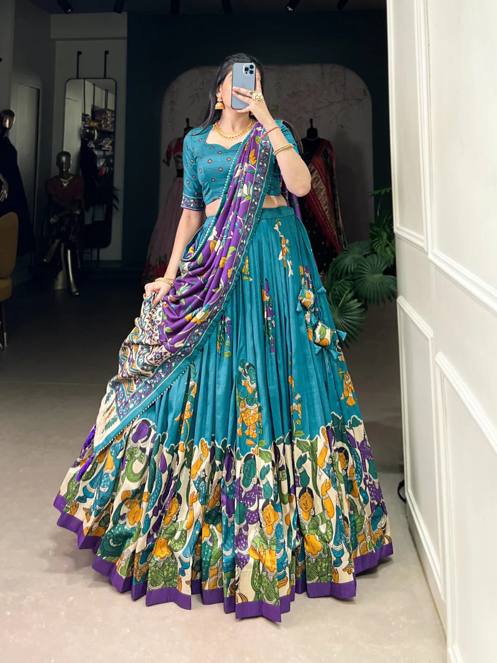 Dixz Fashion Present Tussar Silk Lehenga Set with Kalamkari Print Dupatta