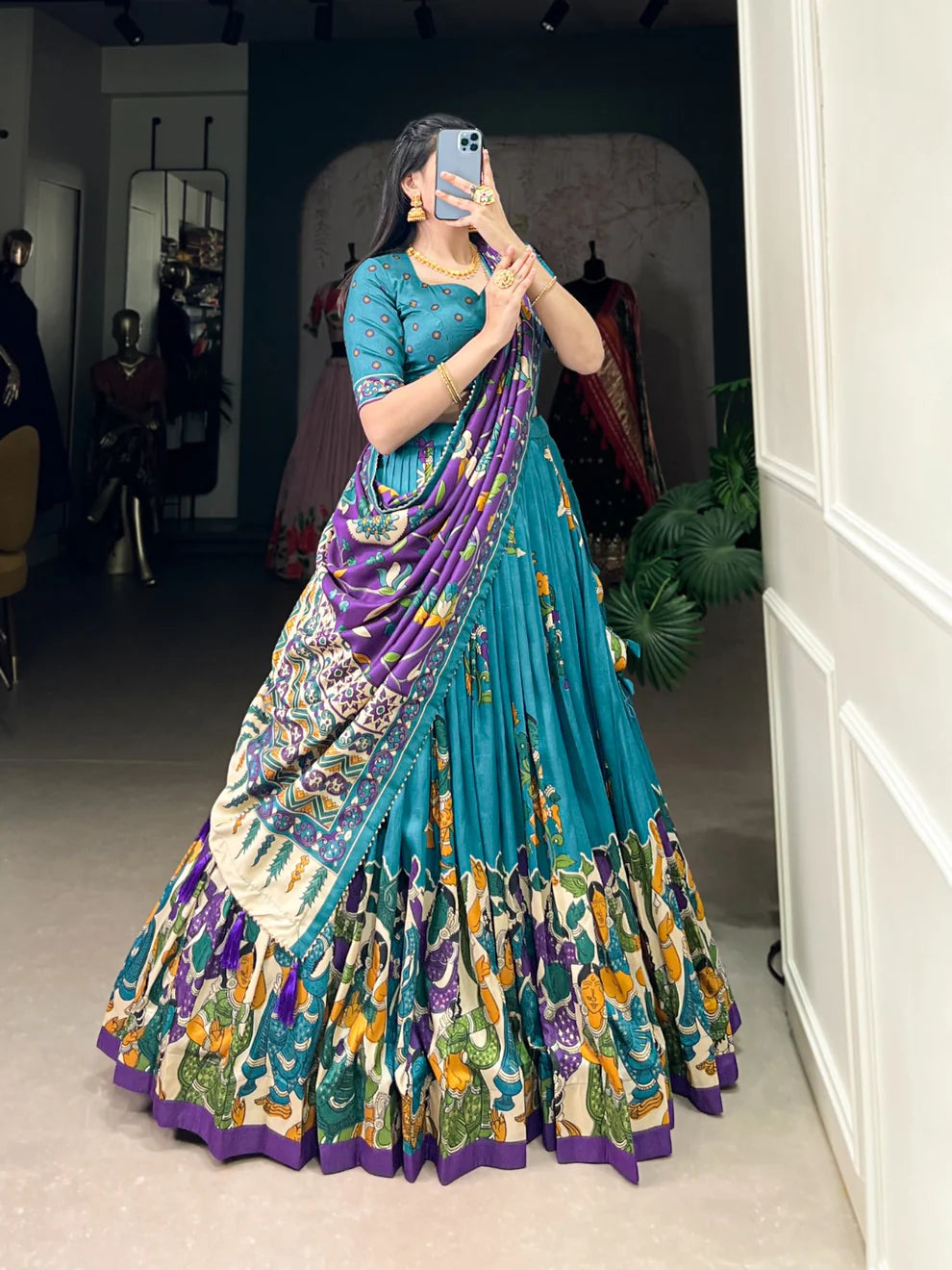 Dixz Fashion Present Tussar Silk Lehenga Set with Kalamkari Print Dupatta