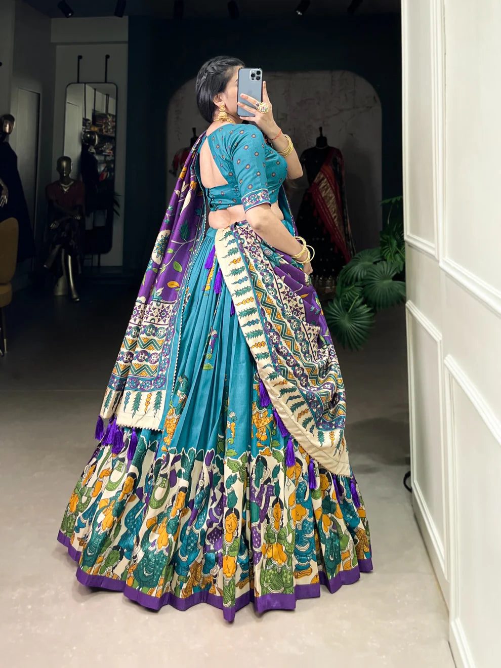 Dixz Fashion Present Tussar Silk Lehenga Set with Kalamkari Print Dupatta