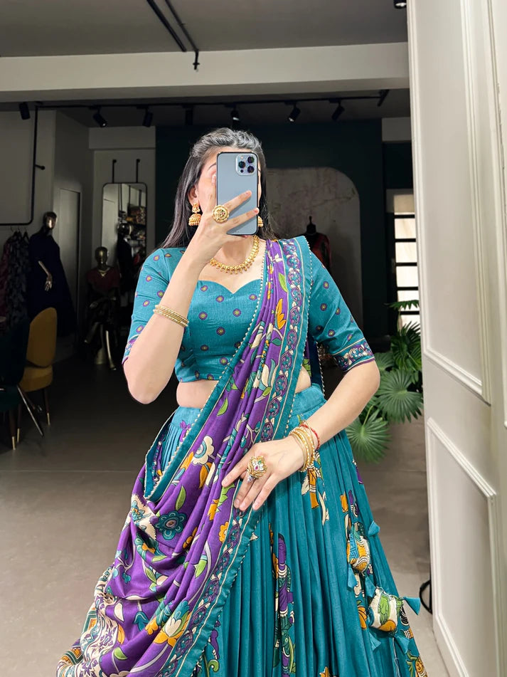 Dixz Fashion Present Tussar Silk Lehenga Set with Kalamkari Print Dupatta