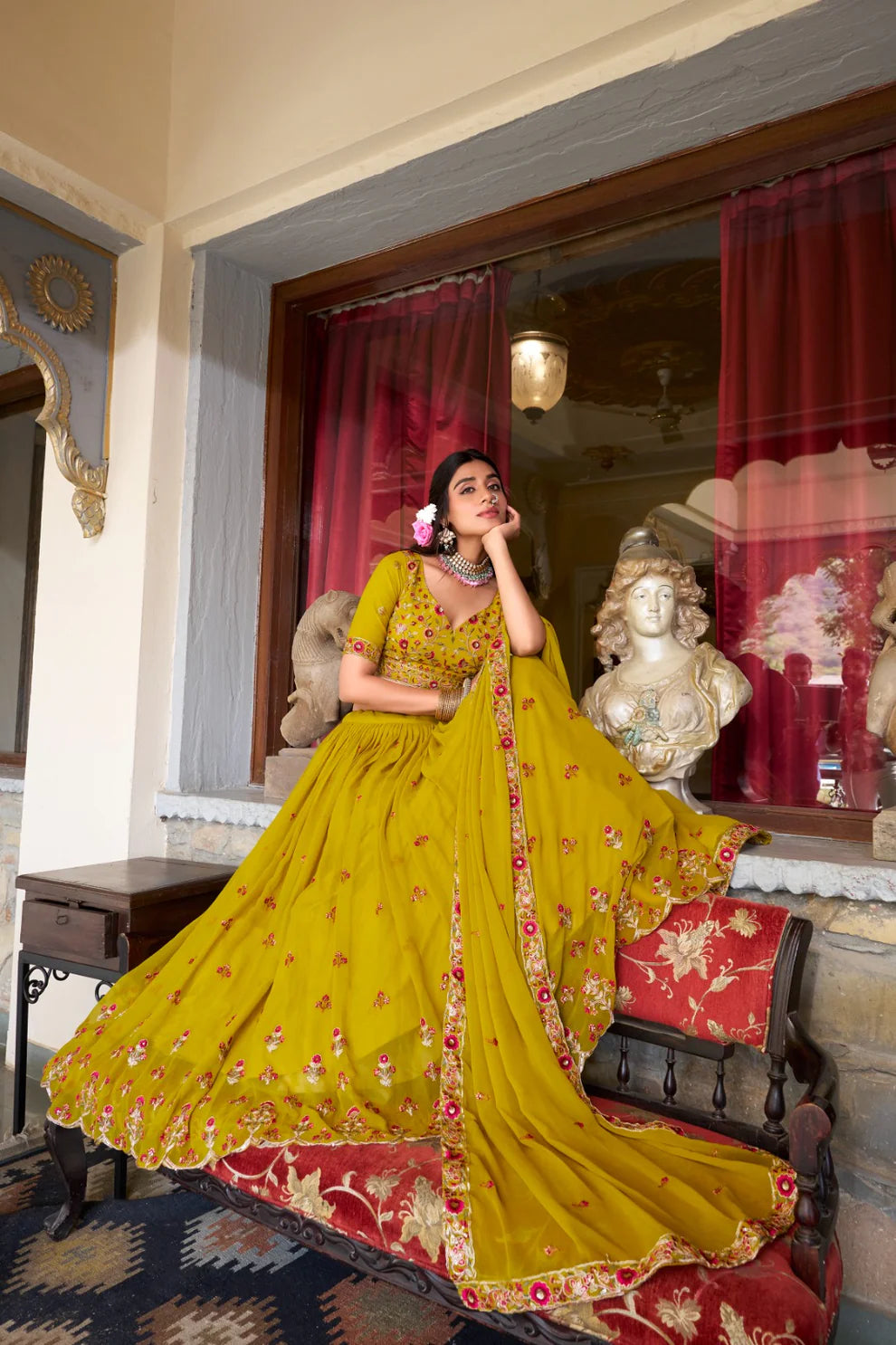 Dixz Fashion Women's Georgette Stitched Lehenga Set with Sequins & Thread Embroidery Work
