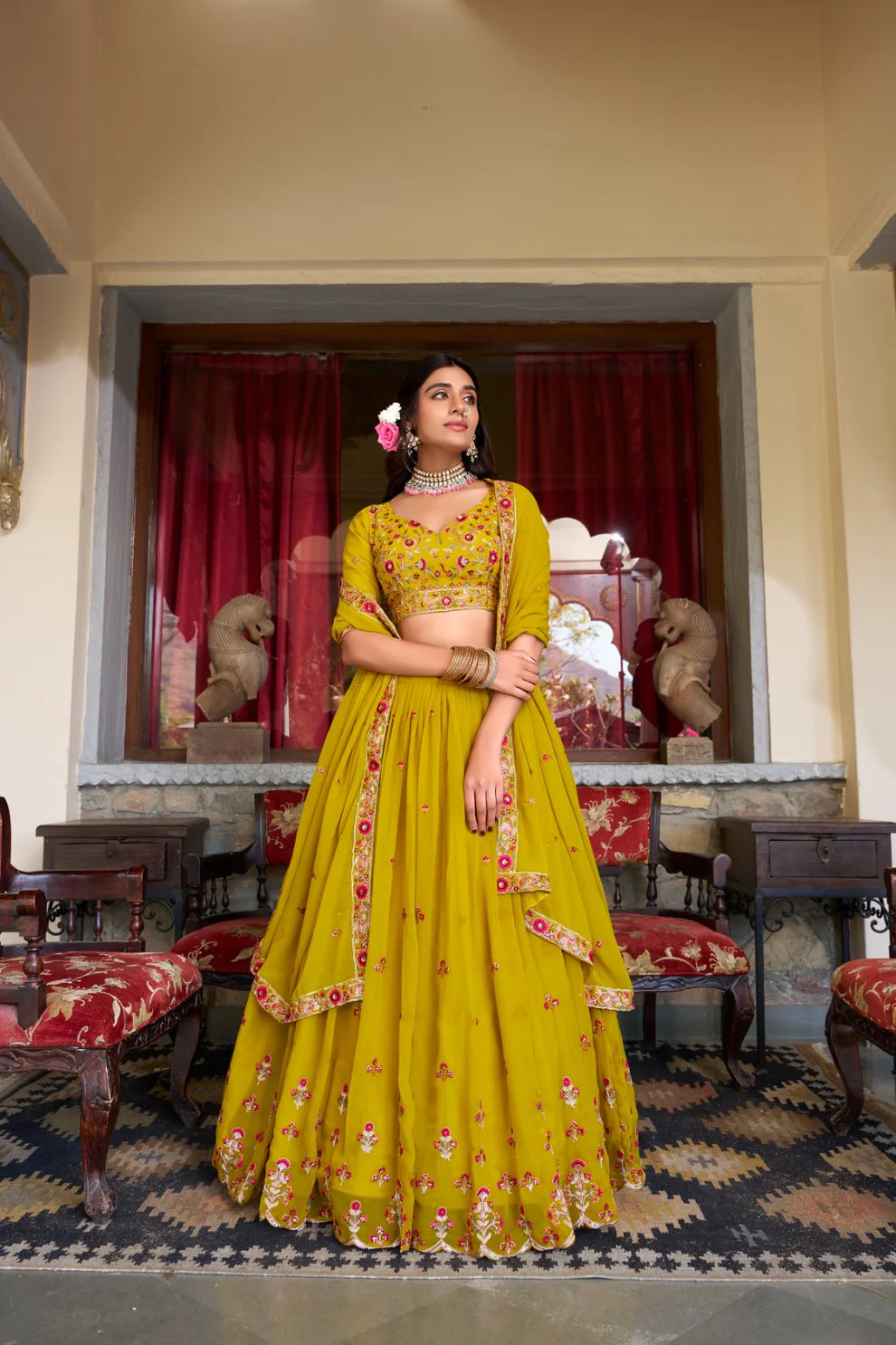 Dixz Fashion Women's Georgette Stitched Lehenga Set with Sequins & Thread Embroidery Work