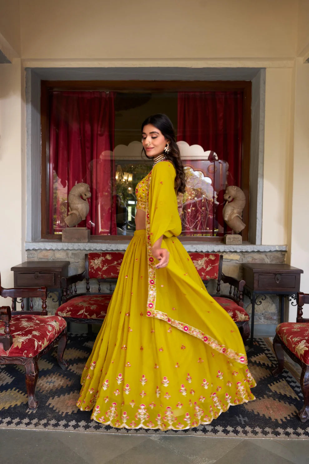 Dixz Fashion Women's Georgette Stitched Lehenga Set with Sequins & Thread Embroidery Work