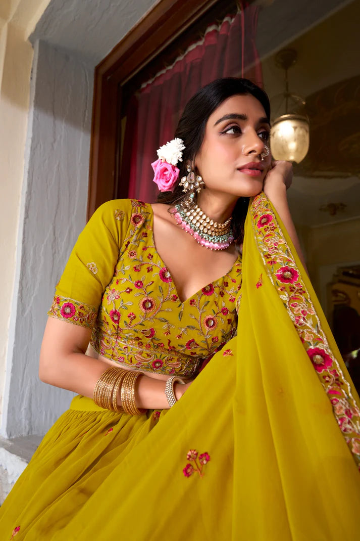 Dixz Fashion Women's Georgette Stitched Lehenga Set with Sequins & Thread Embroidery Work