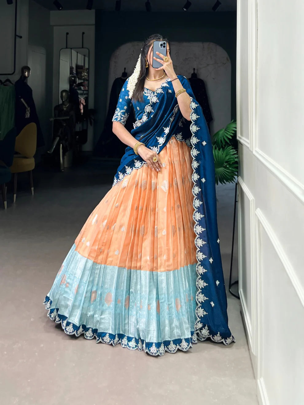 Dixz Fashion Women's Zari Kota Stitched Lehenga Set with Embroidered Dupatta and Banglory Blouse
