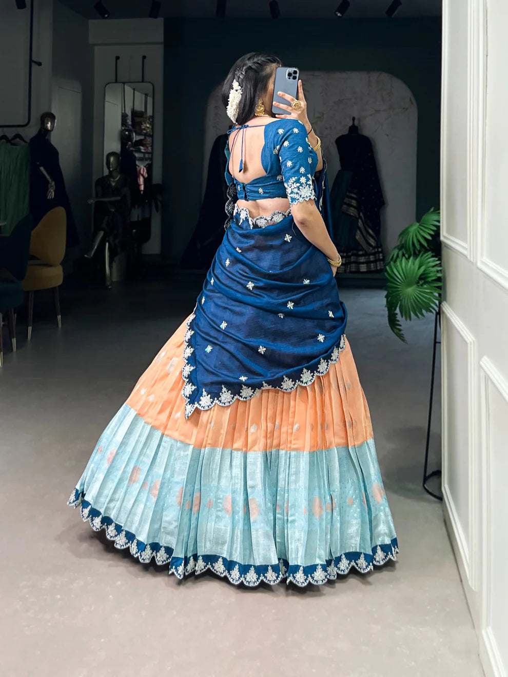 Dixz Fashion Women's Zari Kota Stitched Lehenga Set with Embroidered Dupatta and Banglory Blouse