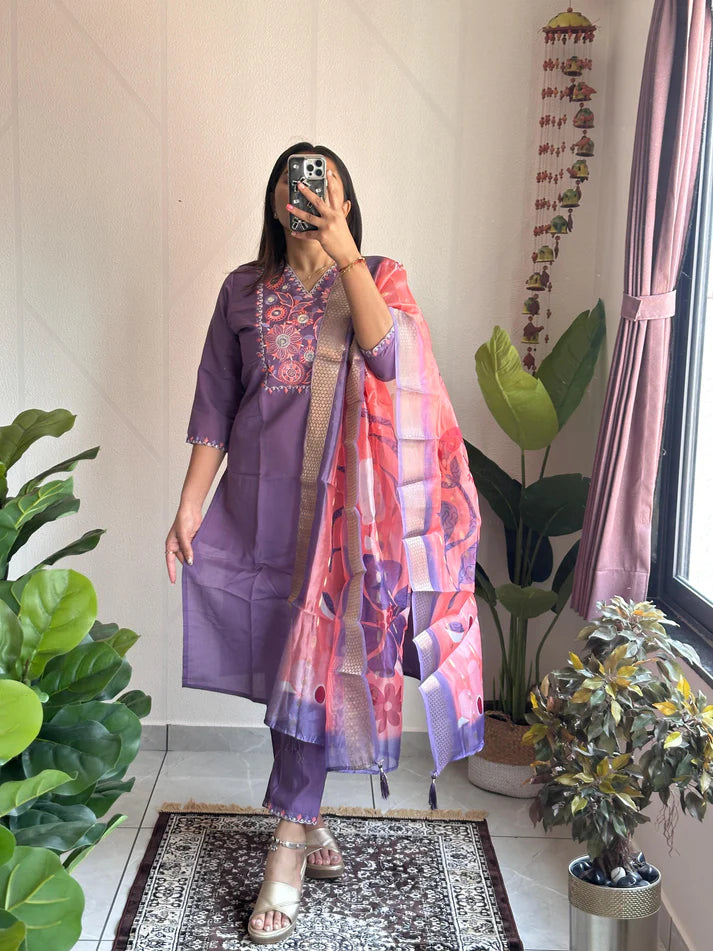 Dixz Fashion Roman Silk with Beautiful Embroidery With Sequence Work kurta set