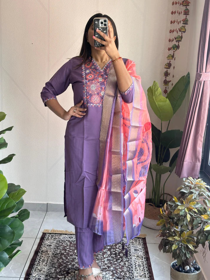 Dixz Fashion Roman Silk with Beautiful Embroidery With Sequence Work kurta set
