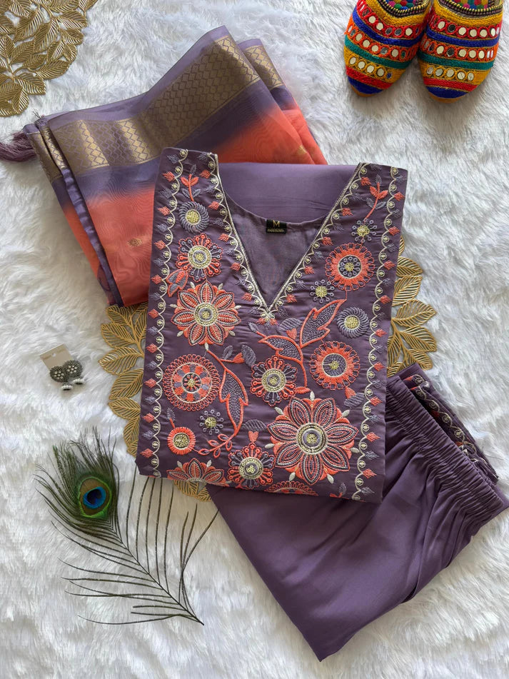 Dixz Fashion Roman Silk with Beautiful Embroidery With Sequence Work kurta set