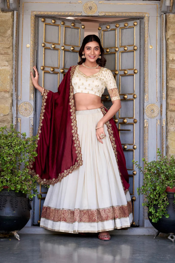 Dixz Fashion Zari Weaving Work Lace Border Belt With Sequins Lace Lehenga set