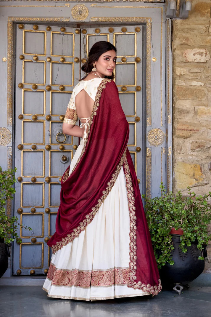 Dixz Fashion Zari Weaving Work Lace Border Belt With Sequins Lace Lehenga set