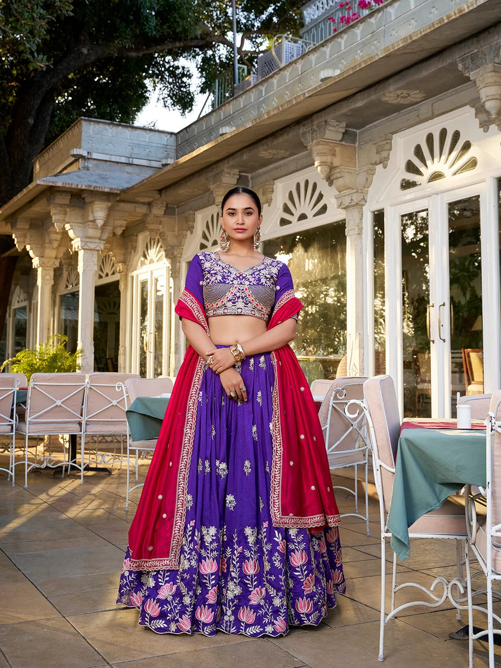 Dixz Fashion Vichitra Silk Embroidered Lehenga Set with Badhej Dupatta