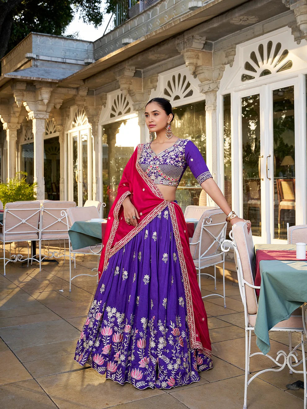 Dixz Fashion Vichitra Silk Embroidered Lehenga Set with Badhej Dupatta