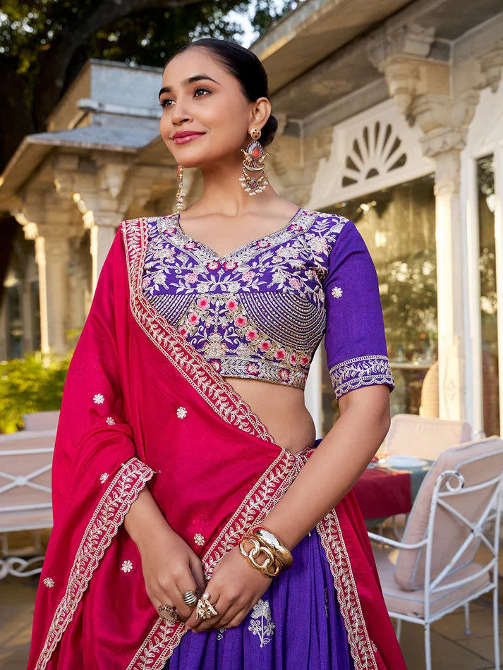 Dixz Fashion Vichitra Silk Embroidered Lehenga Set with Badhej Dupatta