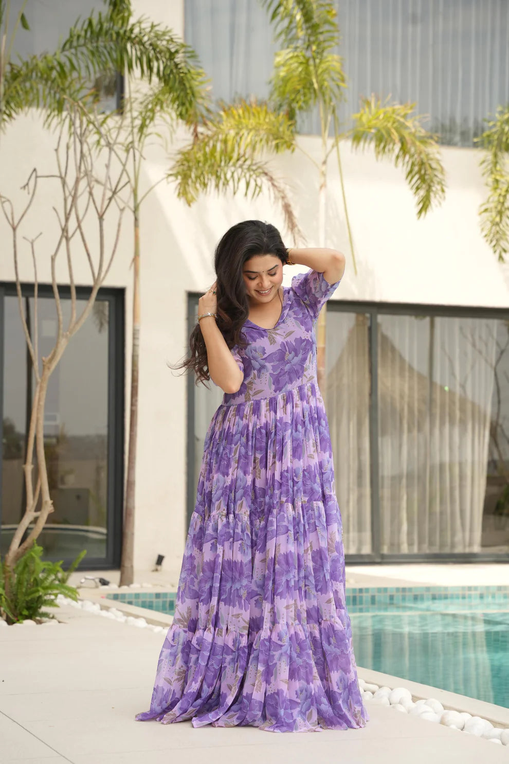 Dixz Fashion Desirable Women's Fully Flair Gown Made With Faux Georgette Fabrics With Print