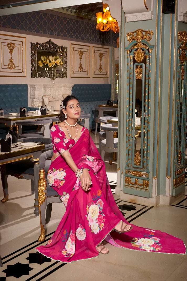 DIXZ FASHION GEORGETTE PRINTED WITH PEARL LACE BORDER SAREE, Peach (Copy)
