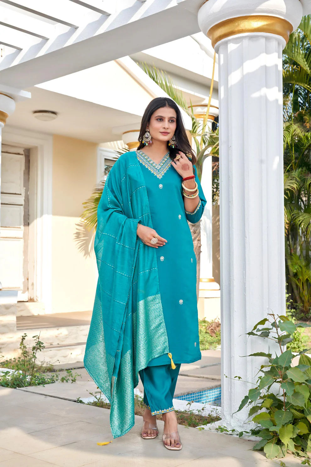 Dixz Fashion Roman Silk with Beautiful Embroidery With Sequence Work Kurtis Set