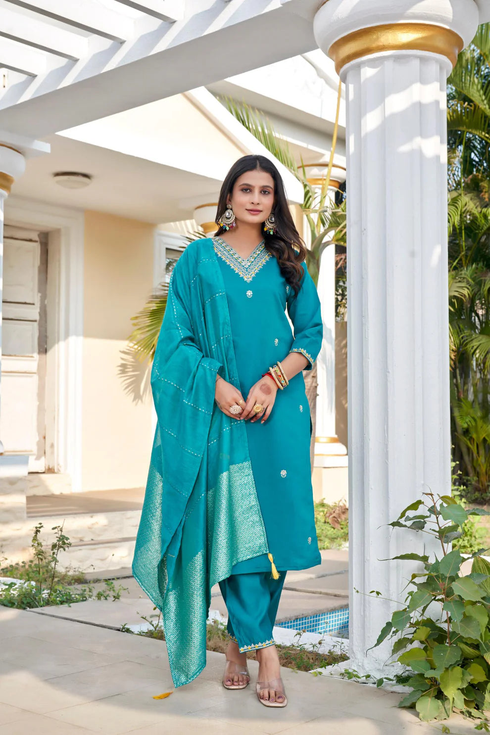 Dixz Fashion Roman Silk with Beautiful Embroidery With Sequence Work Kurtis Set